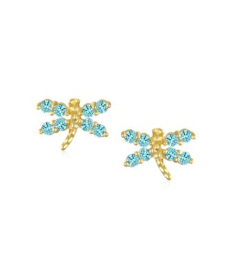 Tiny Aquamarine Cubic Zirconia CZ Butterfly Stud Earrings 14K Gold Screw-back