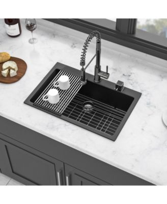 Black Granite Composite Drop In Kitchen Sink with Complete Accessories
