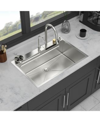 33x22x10inch 16 Gauge T304 Stainless Steel Drop In Waterfall Workstation Kitchen Sink with Pull Down Faucet and Cup Washer