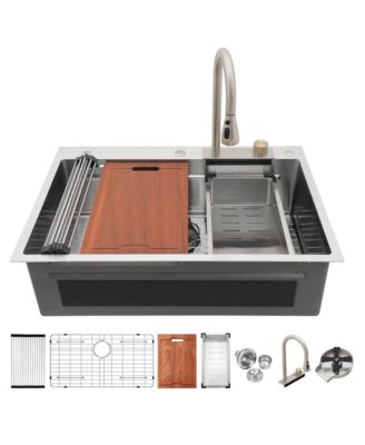 33x22x10inch 16 Gauge T304 Stainless Steel Drop In Waterfall Workstation Kitchen Sink with Pull Down Faucet and Cup Washer
