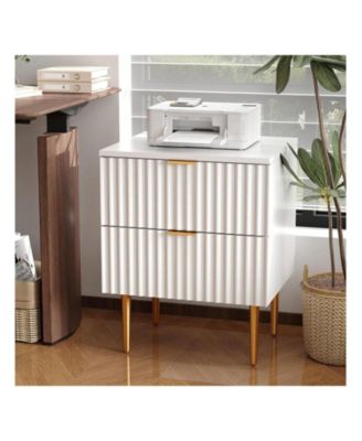 Modern Nightstand With 2 Drawers Golden And Wood Fluted Night Stand With Charging Station Bedside Table With USB Ports
