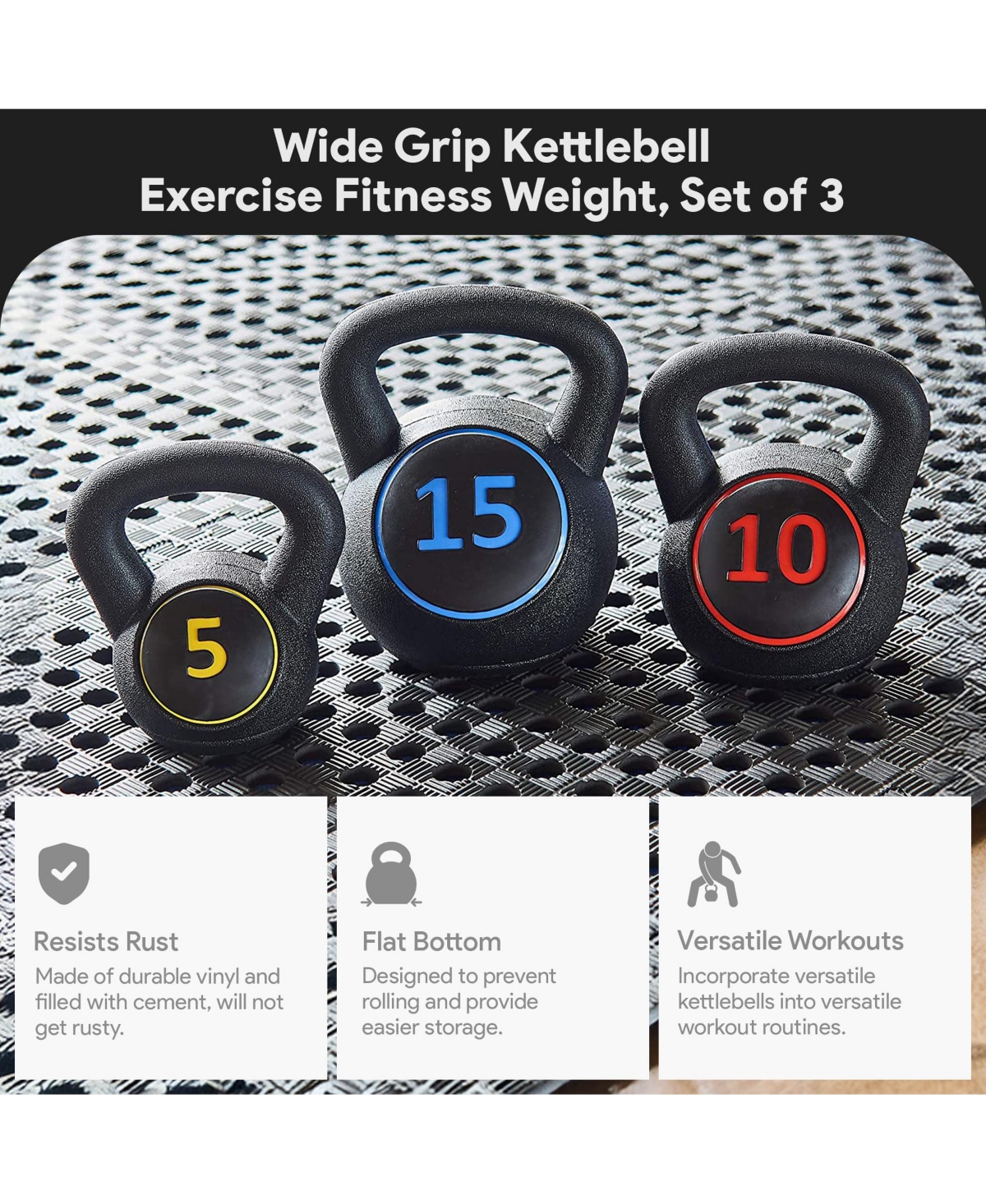 BalanceFrom Wide Grip Kettlebell Fitness Exercise Weights, 5, 10, and 15 Pounds