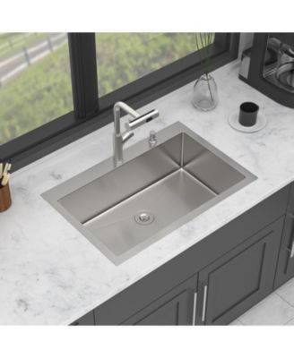 33x22x10inch Drop In Kitchen Sink with Pull Out Faucet Soap Dispenser Stainless Steel Single Bowl 16 Gauge