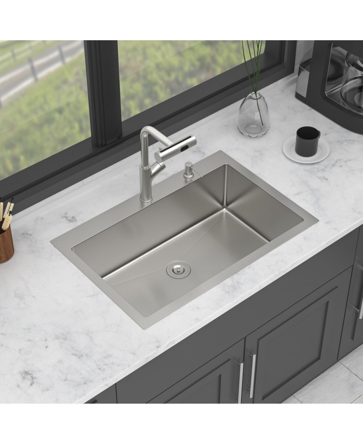 flynama 33x22x10inch Drop In Kitchen Sink with Pull Out Faucet Soap Dispenser Stainless Steel Single Bowl 16 Gauge