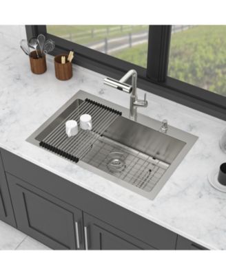 33x22x10inch Drop In Kitchen Sink with Pull Out Faucet Soap Dispenser Stainless Steel Single Bowl 16 Gauge