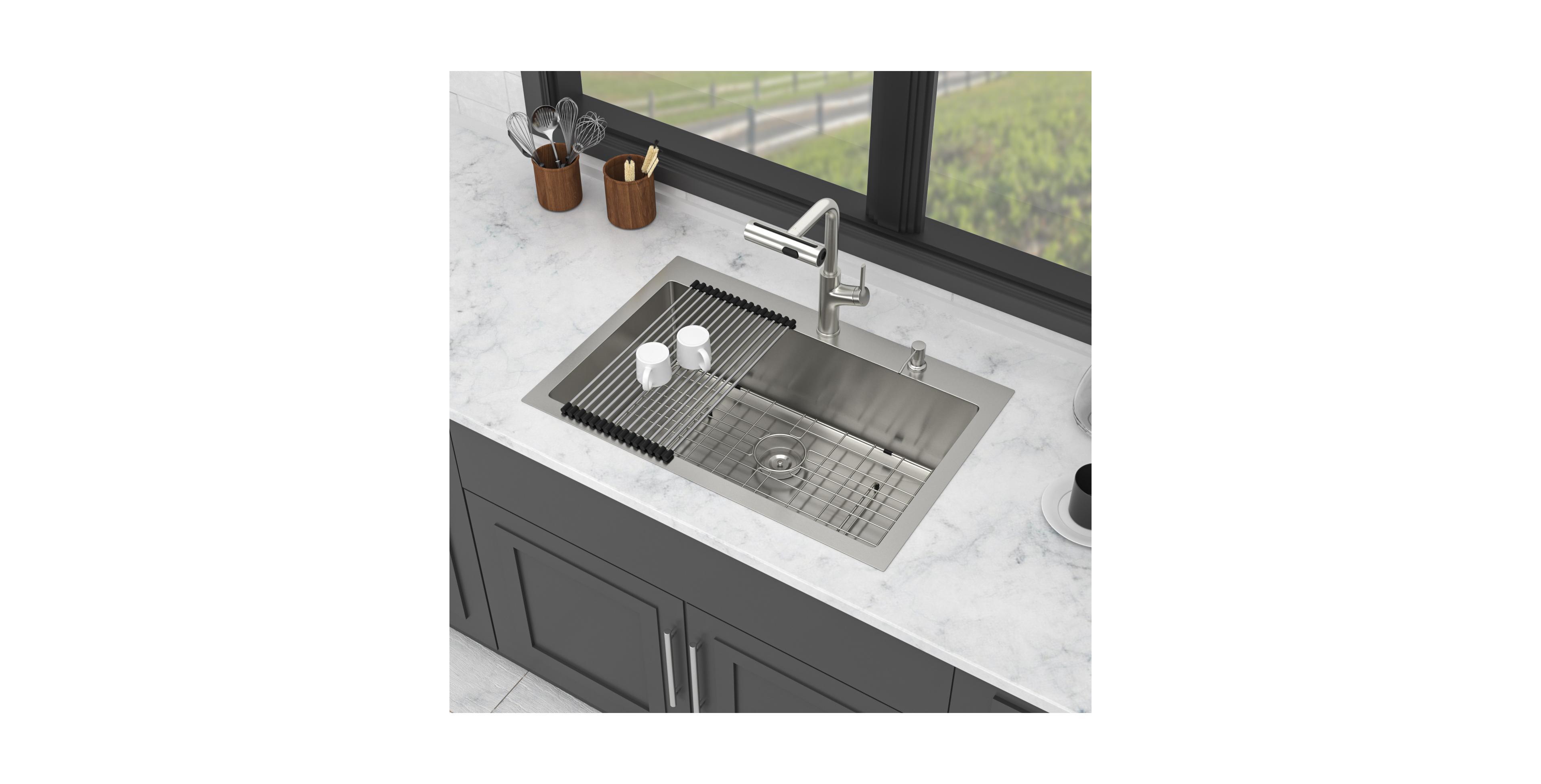 flynama 33x22x10inch Drop In Kitchen Sink with Pull Out Faucet Soap Dispenser Stainless Steel Single Bowl 16 Gauge