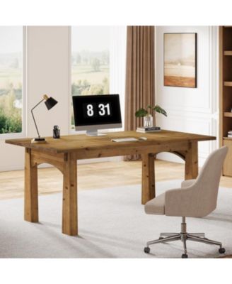 Solid Wood Executive Desk, 63-Inch Computer Desk with Sturdy Wooden Legs, Farmhouse Workstations Writing Table Conference Table