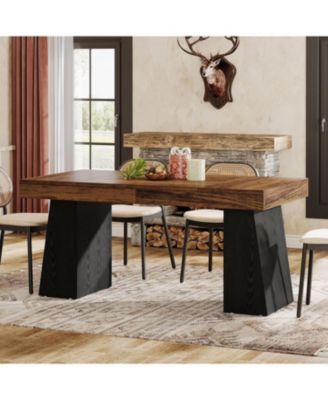 Dining Room Table for 4-6, 55-Inch Mid-Century Modern Dining Table with Double Pedstral, Rectangular Wood Kitchen Dinner Table