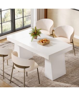 Dining Room Table for 4-6, 55-Inch Mid-Century Modern Dining Table with Double Pedstral, Rectangular Wood Kitchen Dinner Table