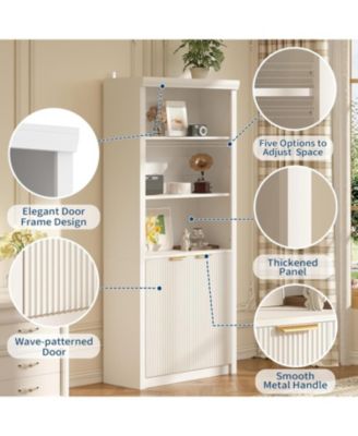  71″ Tall Bookshelf with Fluted Doors (5 tier, adjustable shelf, mid century modern style)