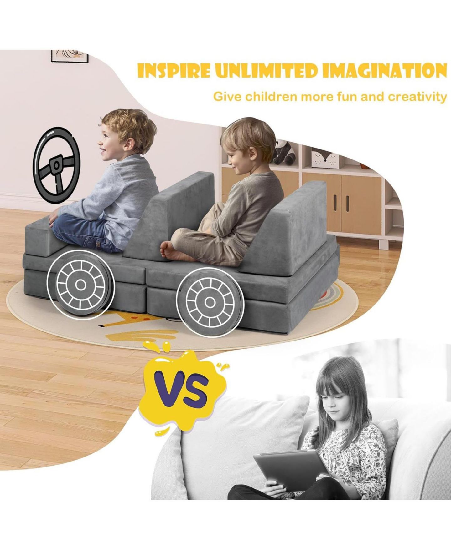 Детские игрушки Kinder King Modular-Convertible 9-Piece Sofa, Ages 3+ — фото 5