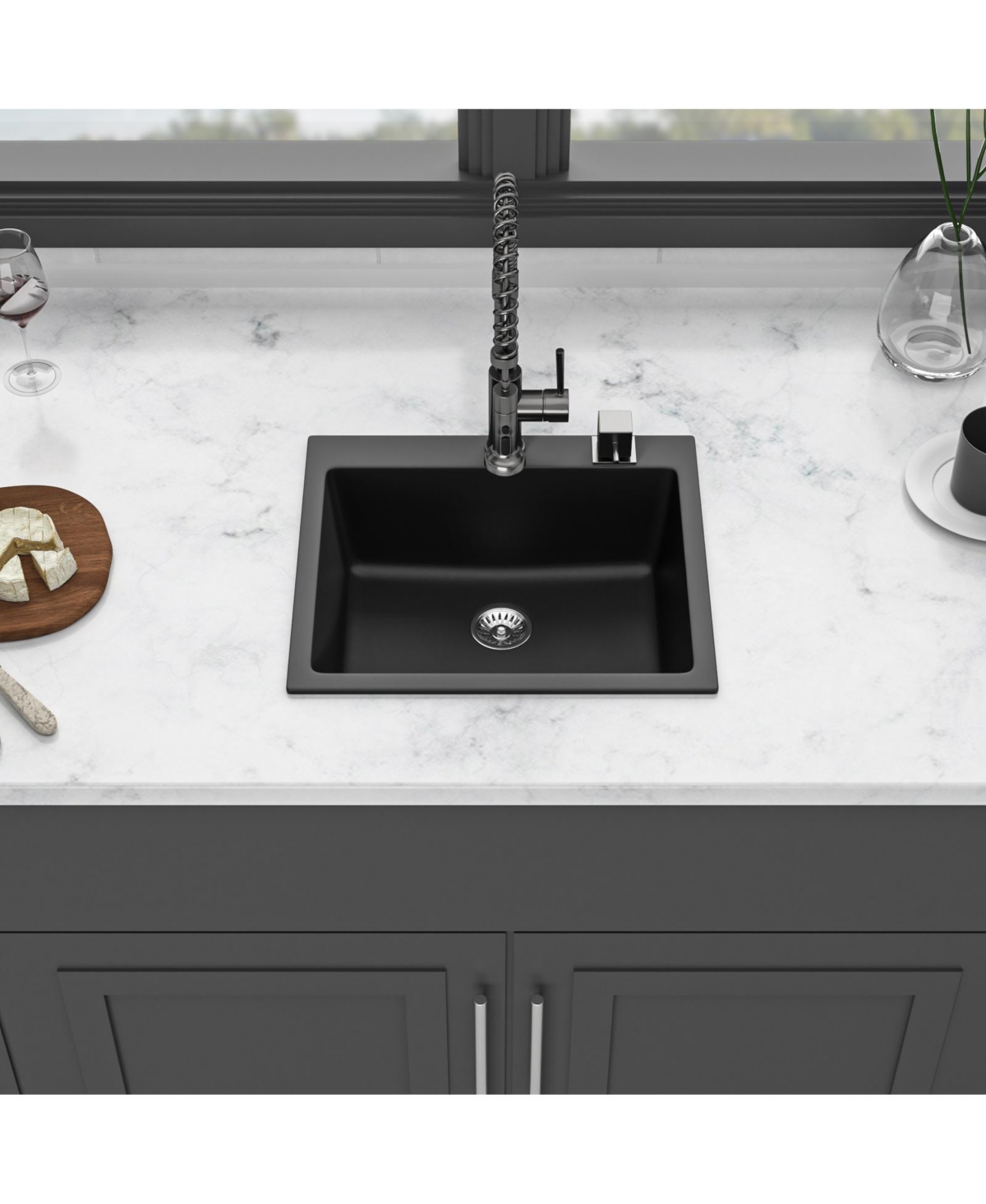 flynama 25x22x9.65inch Black Quartz Composite Kitchen Sink Drop In Single Bowl Granite