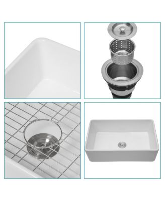 33x20x9 Inch Farmhouse Kitchen Sink Premium Porcelain Ceramic Apron Front Single Bowl With Stainless Steel Drain Assembly And Dish Grid