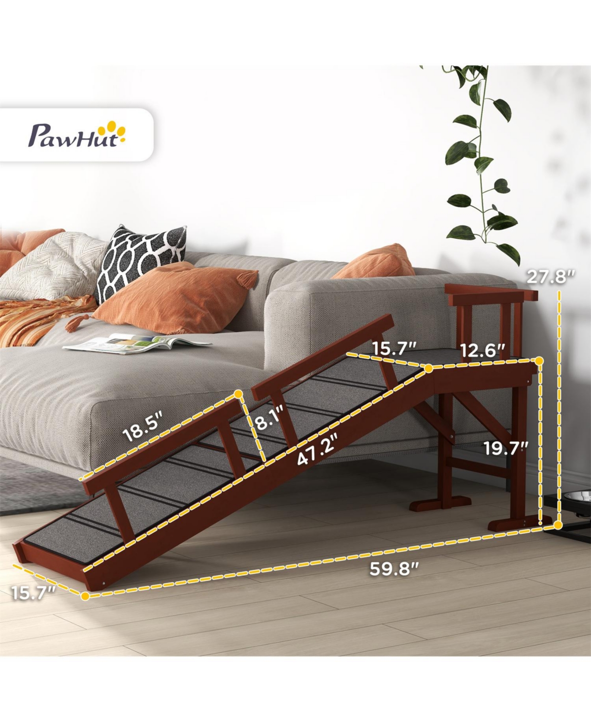 Aostirmotor Dog Ramp with Removable Guardrails in Brown and Gray