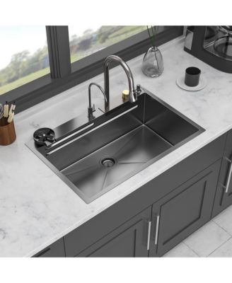 33x22x10inch Gunmetal Black Waterfall Kitchen Sink Drop In Stainless Steel Workstation