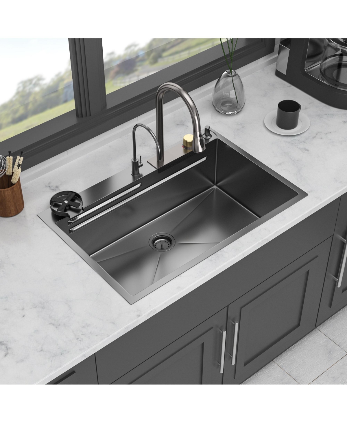 flynama 33x22x10inch Gunmetal Black Waterfall Kitchen Sink Drop In Stainless Steel Workstation