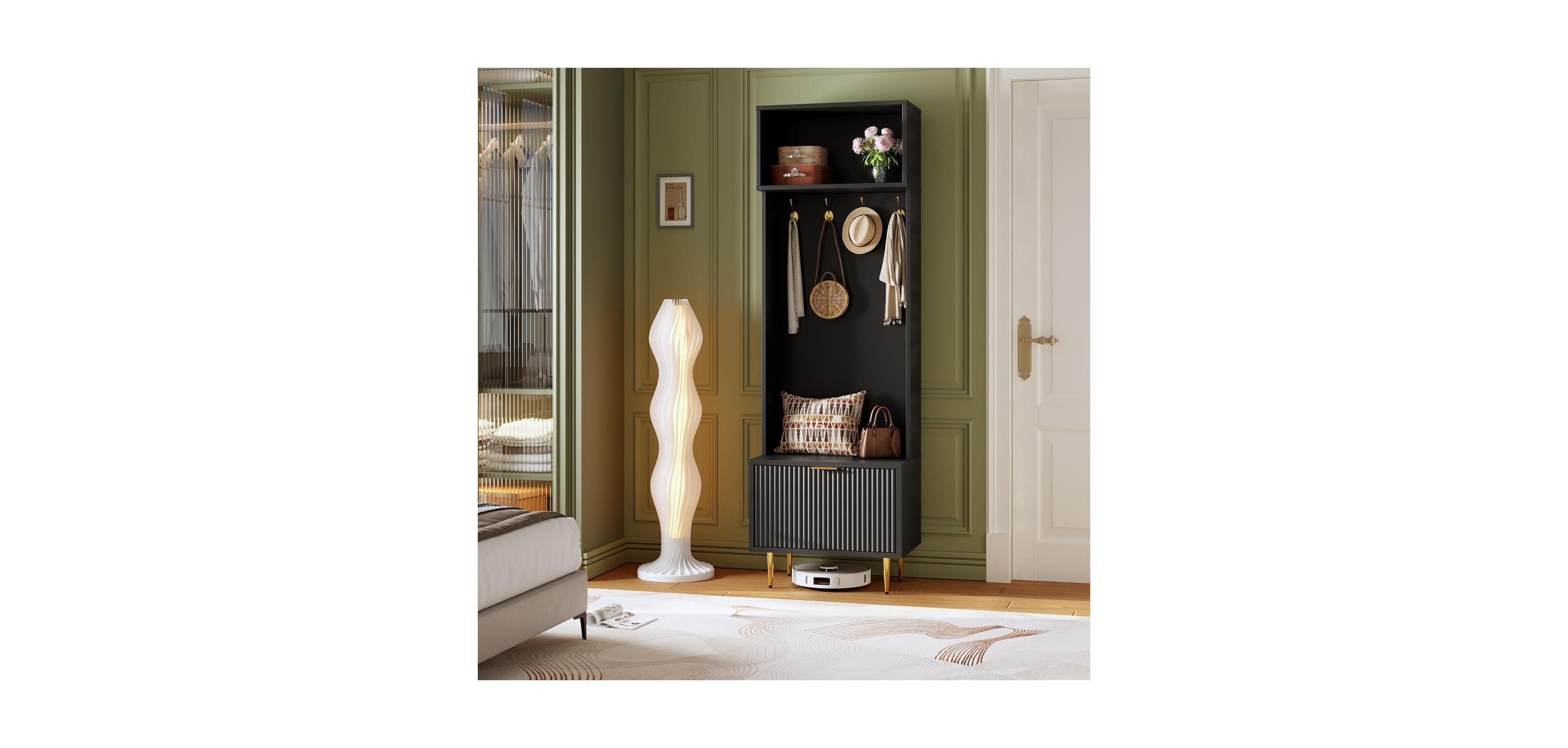 gaomon 74" Hall Tree with Bench and Storage, Entryway Coat Rack with Shoe Bench and Hooks, Metal Legs