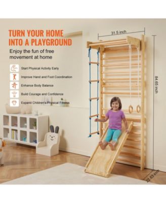 Swedish Ladder Wall Gym, 5-in-1 Indoor Climbing Set w/ Pull-Up Bar, Rings, Rope Ladder & Slide Board
