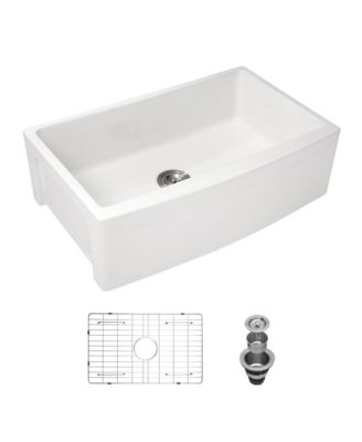 30x21x10 Inch White Farmhouse Kitchen Sink Ceramic Porcelain Arch Edge Apron Front Single Bowl With Drain Assembly Dish Grid
