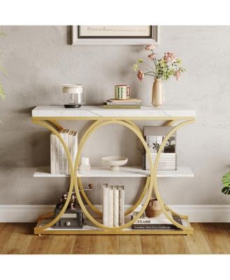 3-Tier Farmhouse Narrow Console Table – Entryway Sofa Table with Storage Shelves, Geometric Metal Legs – Modern Accent for Living Room, Hallway