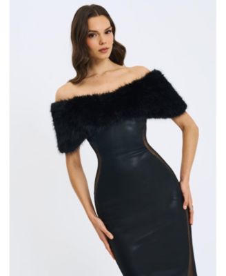 Women Bellis Black Fur Trim Mesh Panel Off-Shoulder Midi Dress