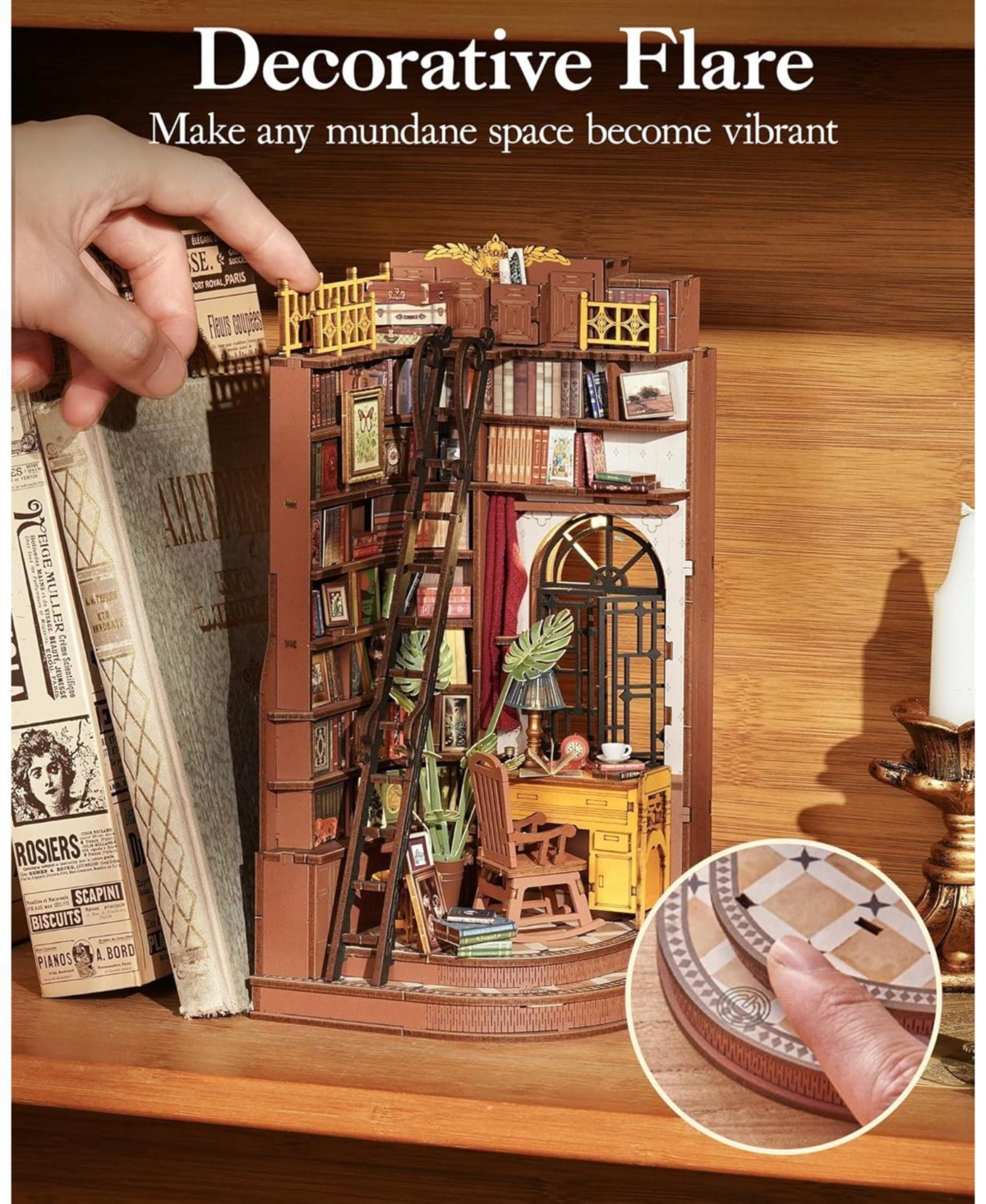 Robotime Book Nook Kit, Diy Miniature House Kit, 3D Wooden Puzzle Bookends,Bookshelf Decor, Simple Assembly Dollhouse Kit, Creative Unique Gifts