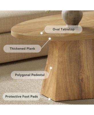 Oval Coffee Table, 47-Inch Living Room Table with Polygonal Pedestal, Modern Center Accent Furniture, Child-Friendly, Yellowish Brown
