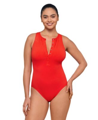 Women's S3 Smoothing Ribbed High-Neck Snap-Front One Piece Swimsuit