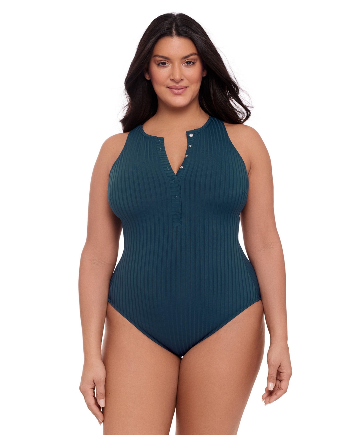 S3 Apparel Women's Smoothing Ribbed High-Neck Snap-Front One Piece Swimsuit