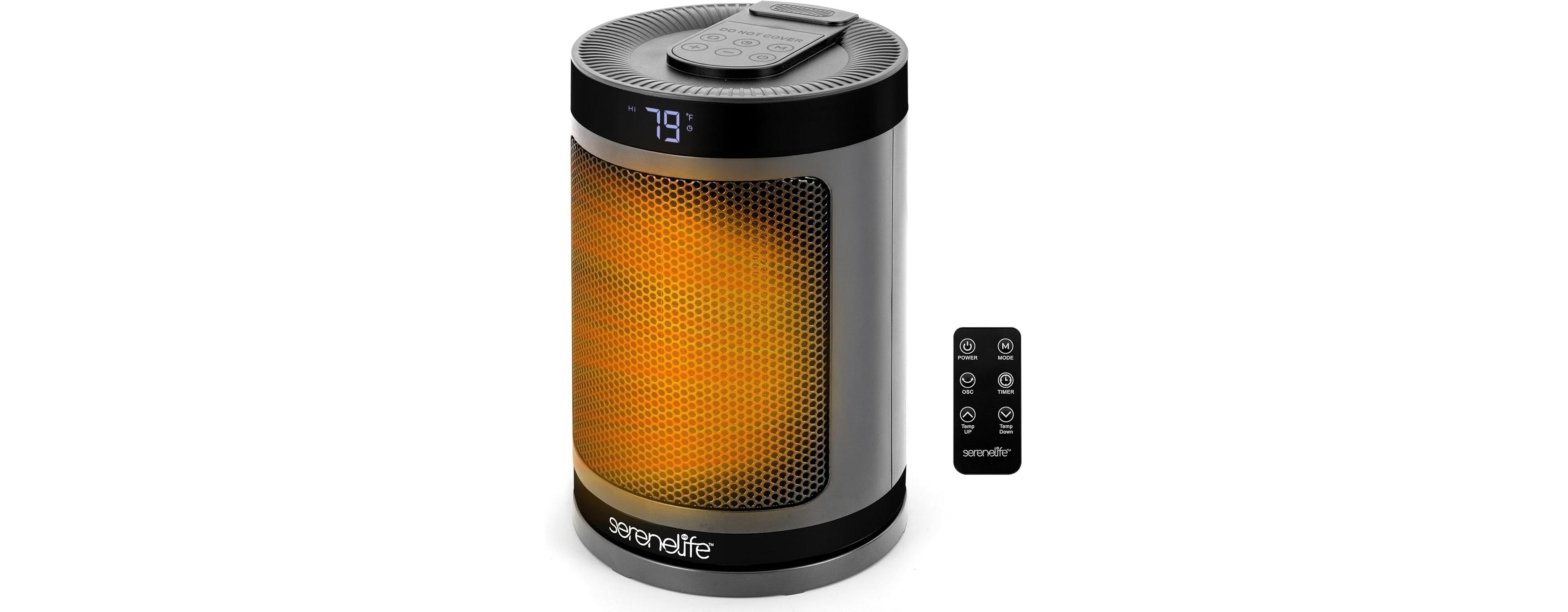 SereneLife Portable Space Heater, 1500W Ptc Ceramic Heater with Thermostat, Remote, 12-Hour Timer, 3 Modes, Oscillation, Grey