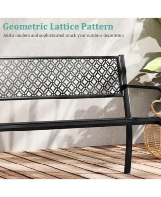 50" Outdoor Garden Bench with Geometric Lattice Backrest Armrests and Slatted Seat