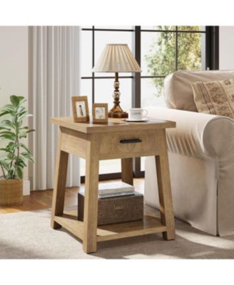 Farmhouse Square Side Table Set of 2, 2 -Tier Wooden End Table with Drawer, Rustic Nightstands with Shelf Storage
