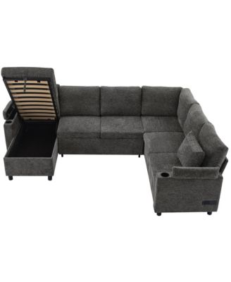 109.9" Sectional Sofa Bed with Storage, Cup Holders & Charging