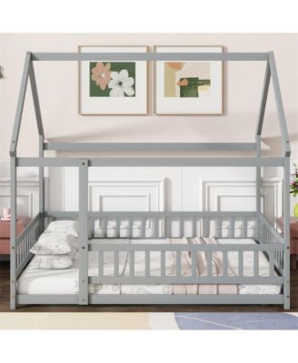 Full Size House Floor Bed with Roof Frame & Safety Guardrails Wooden Play Bed for Kids and Teens