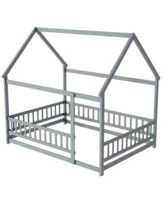 Full Size House Floor Bed with Roof Frame & Safety Guardrails Wooden Play Bed for Kids and Teens