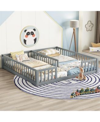 Double Twin Floor Bed with Safety Fence Low Profile Shared Sleeping Bed for Kids No Door Design
