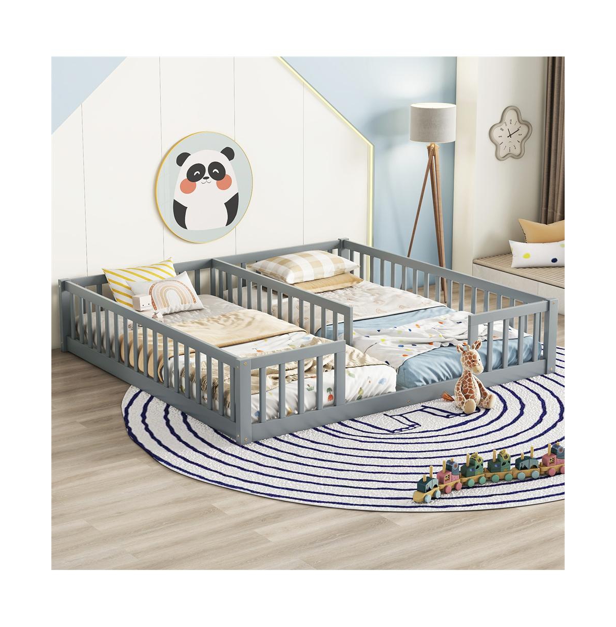 Cesicia Double Twin Floor Bed with Safety Fence Low Profile Shared Sleeping for Kids No Door Design