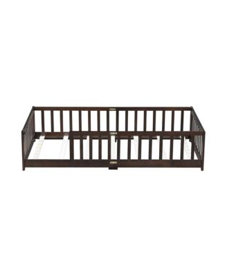 Twin Size Floor Bed with Safety Fence Rubber Wood Kids Bed for Toddler Room & Play Space