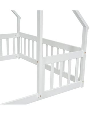 Full Size Wood House Floor Bed with Safety Fence & Roof Frame Play Bed for Kids and Teens
