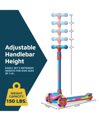 3-Wheel Kids Scooter, Blue Red, with multi-color LED lights, 5-height adjustable handlebar, wide anti-slip deck, safety certified.