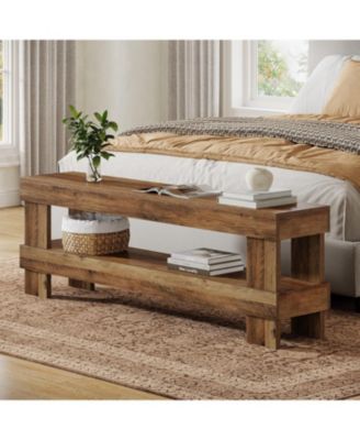 Entryway Bench, 59-Inch Farmhouse Shoe Bench Seat, 2-Tier Narrow Long End of Bed Storage Benches, Rustic Brown