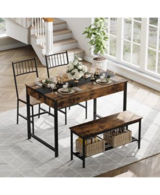 4-Piece Dining Table Set for 4 People,Rectangular Kitchen Table Set with 2 Chairs & 1 Bench,Double Side Drawers,Perfect for Dining Room,Kitchen
