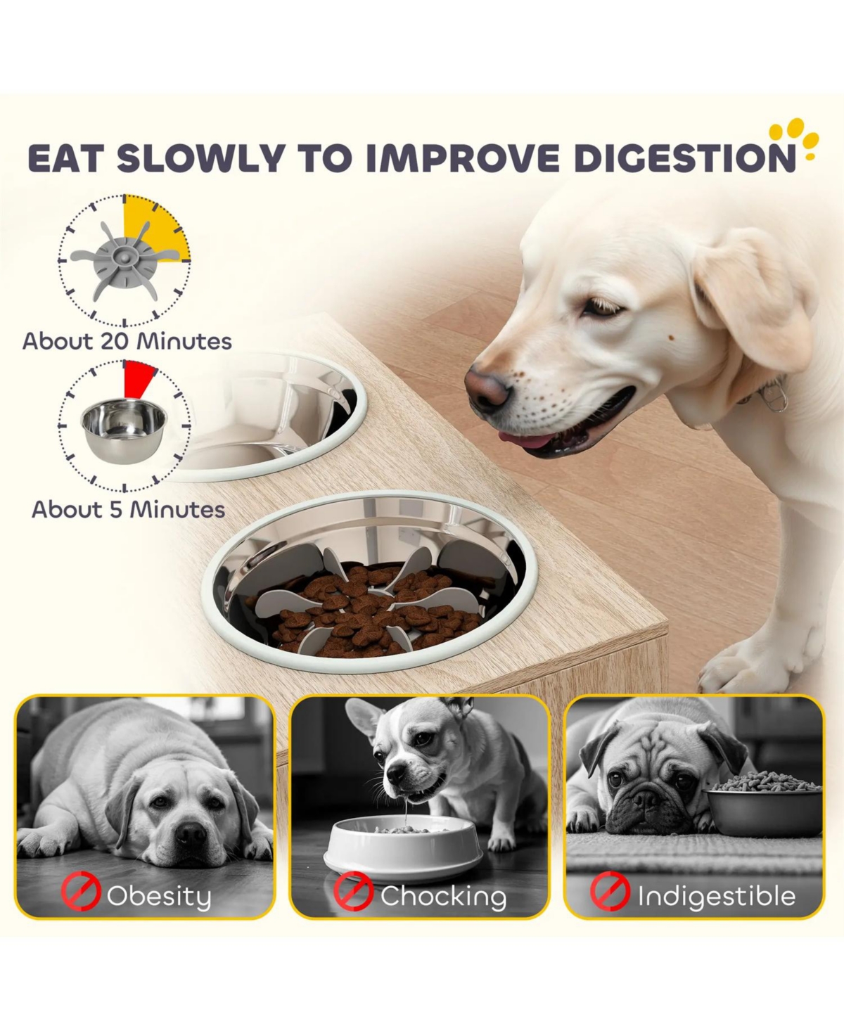 Aostirmotor 23.6 in. Wide Dog Bowls with Storage Cabinet in Oak