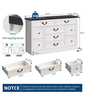  Dresser with Power Outlet, Farmhouse Dresser with Metal Handle