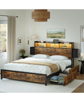 Industrial Queen Bed Frame with Bookcase Headboard, 2 Storage Drawers, No Box Spring Needed
