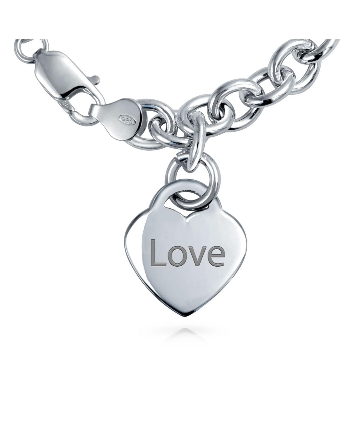 Bling Jewelry Substantial Solid Heart Shape Tag Charm Bracelet .925 Sterling Silver Made in Italy 7.5, 8 Inch