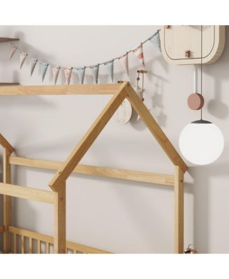 Twin House-Shaped Floor Bed with Fence & Roof Frame Wooden Play Bed for Kids Room