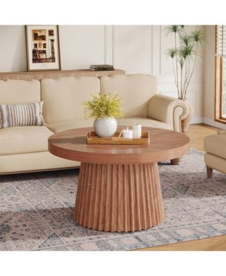 31.5" Round Coffee Table, Farmhouse Center Table with Fluted Base, Walnut