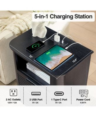 Fluted 22 in. Nightstand with Charging Station, 2 Drawers & Open Storage for Bedroom or Living Room