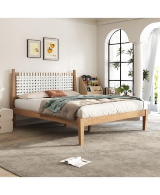Queen Bed with Woven White Leather Back and Natural Wood Frame